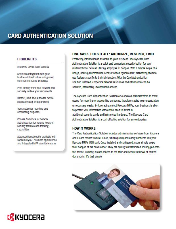 Kyocera Software Cost Control And Security Card Authentication Data Sheet Thumb, CopyLady, Kyocera, KIP, Xerox, VOIP, Southwest, Florida, Fort Myers, Collier, Lee