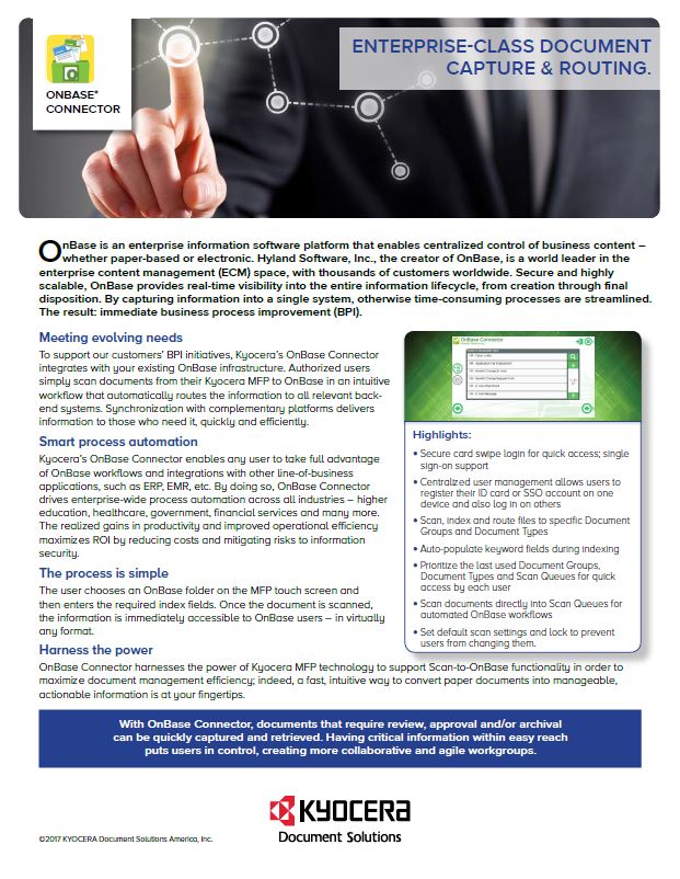 Kyocera Software Document Management Onbase Connector Data Sheet Thumb, CopyLady, Kyocera, KIP, Xerox, VOIP, Southwest, Florida, Fort Myers, Collier, Lee