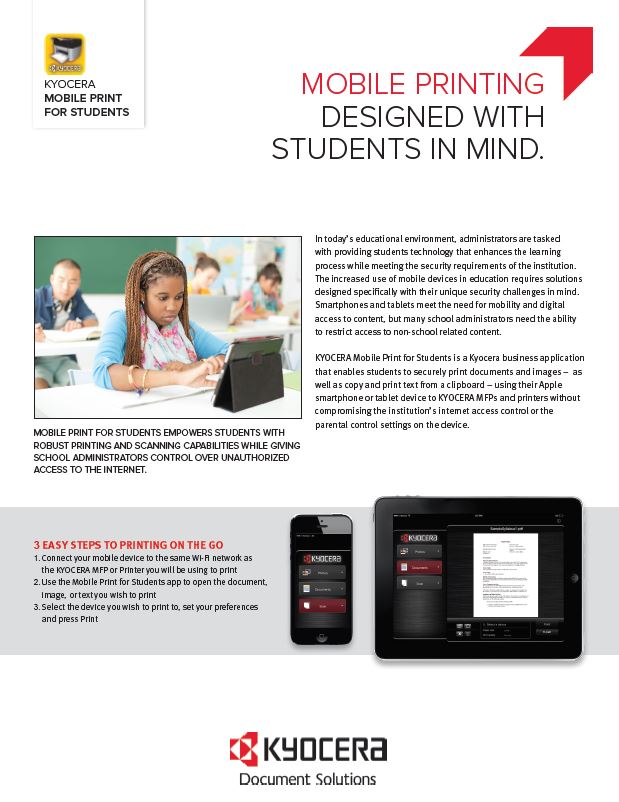 Kyocera Software Mobile And Cloud Kyocera Mobile Print For Students Data Sheet Thumb, CopyLady, Kyocera, KIP, Xerox, VOIP, Southwest, Florida, Fort Myers, Collier, Lee