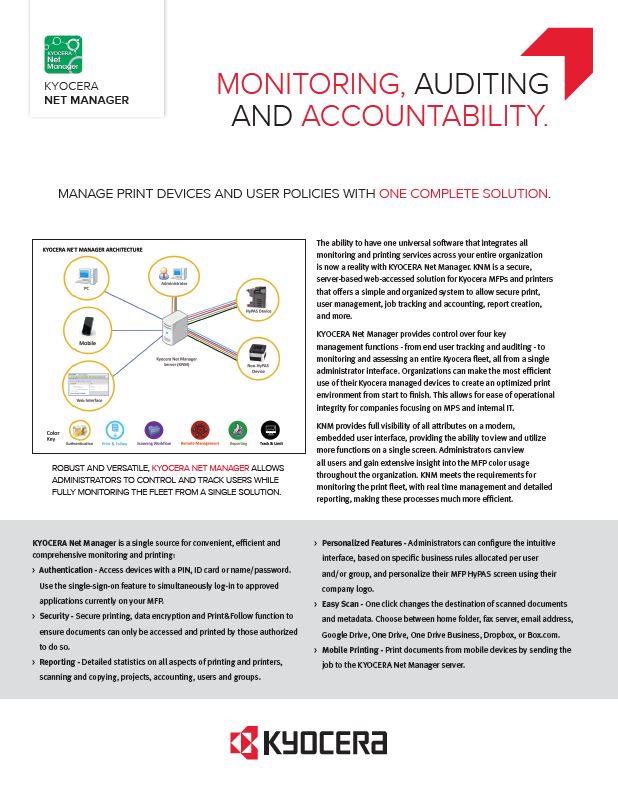 Kyocera Software Output Management Kyocera Net Manager Data Sheet Thumb, CopyLady, Kyocera, KIP, Xerox, VOIP, Southwest, Florida, Fort Myers, Collier, Lee